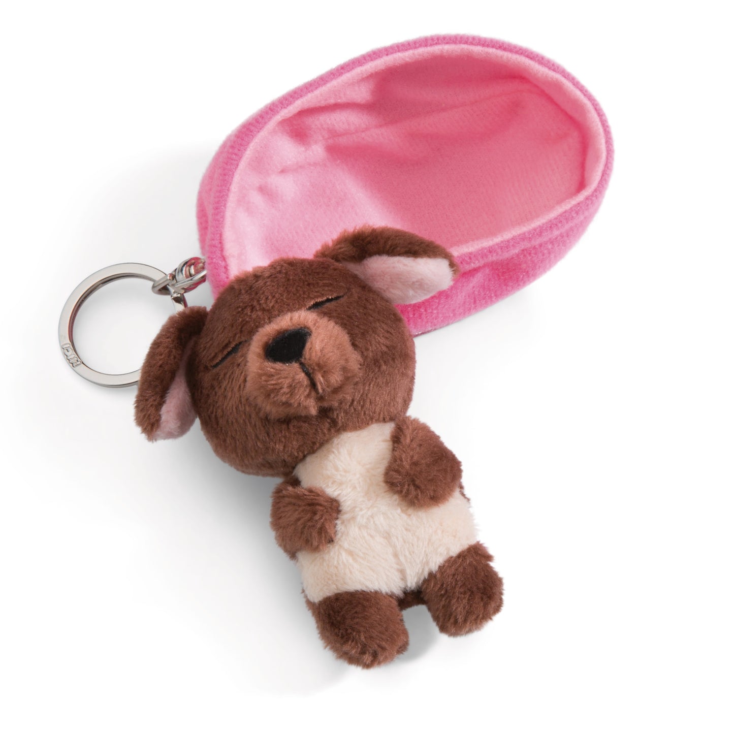 Chien 8 cm marron, panier rose