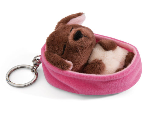 Chien 8 cm marron, panier rose